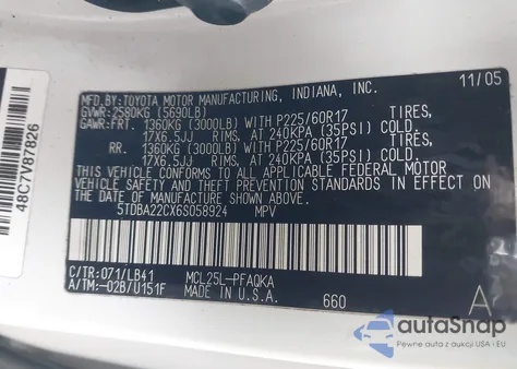 2006 Toyota Sienna Xle Limited z USA, uszkodzony, nr VIN 5TDBA22CX6S058924